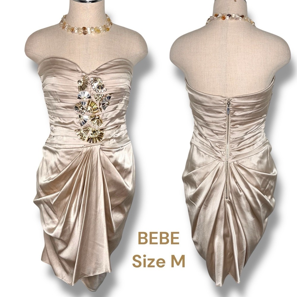 bebe Women's M‎ Pretty Baby Maude Strapless Silk Dress Champagne Beige Y2K Glam